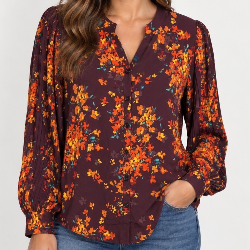 Belle Floral Blouse Large Pleated Balloon Sleeve Button Front Burgundy Orange
